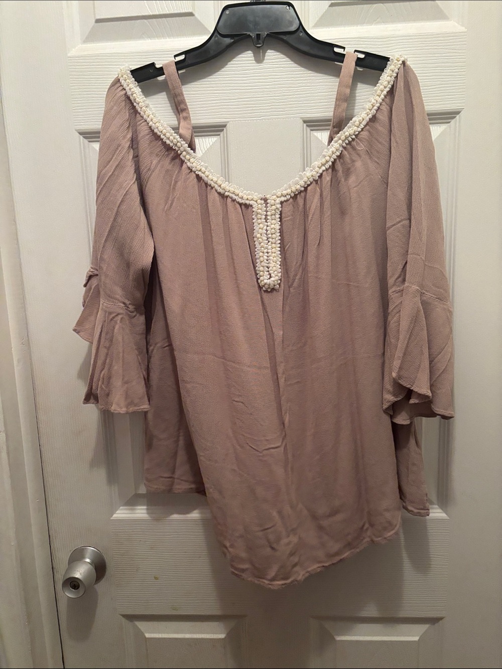 Melissa Paige Taupe Off-Shoulder Peasant Blouse with Beaded Trim